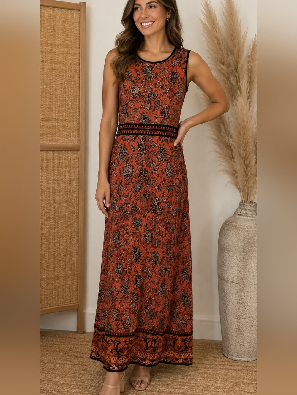 Peruvian Connection Sleeveless Burnt Orange Floral Maxi Dress Medium PTP 18/20